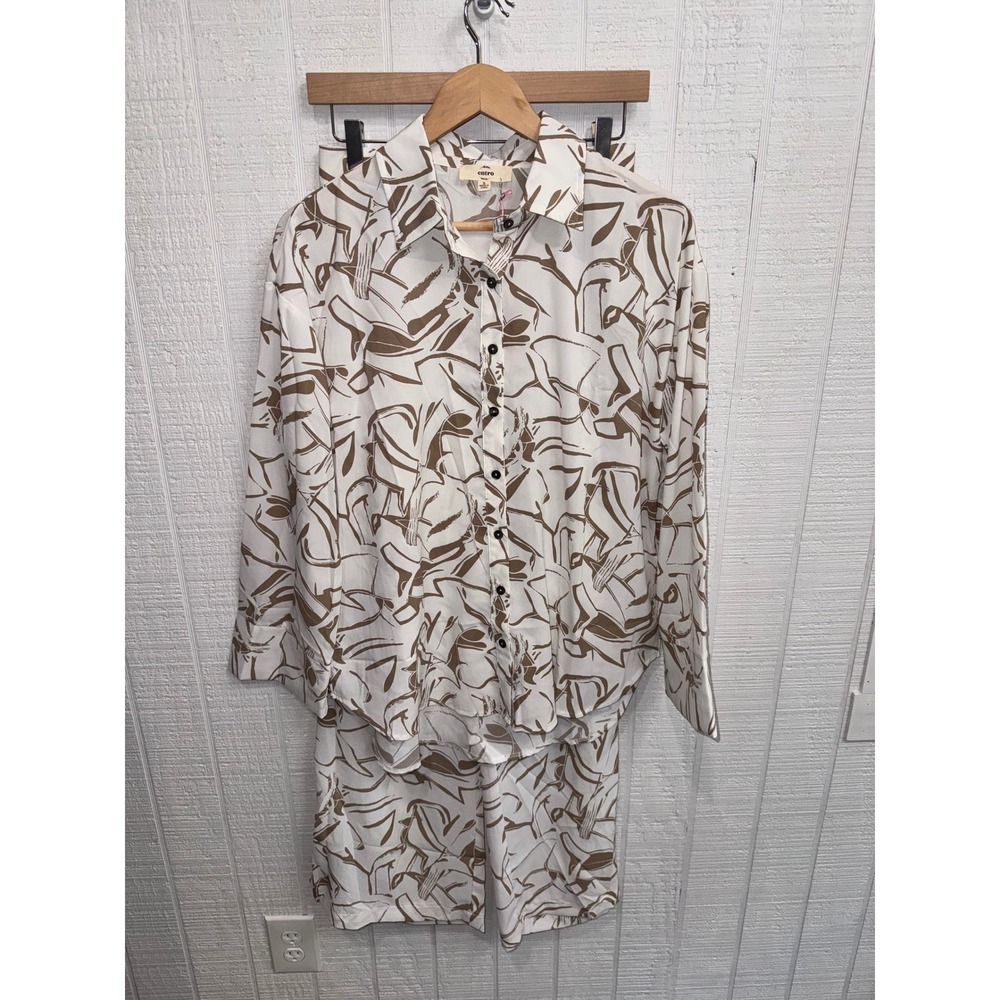 Entro 2-Piece Shirt & Pants Set Women White Brown Abstract Graphic Print Small